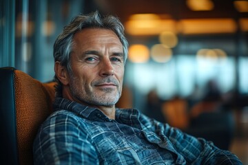 Obraz premium Mature man waiting for flight at the airport lounge, Generative AI