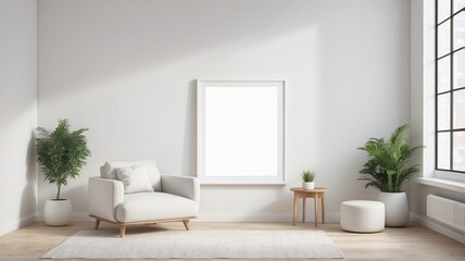 minimalist living room with a white sofa, a large framed blank canvas, a potted plant, and a neutral color palette. A modern and stylish interior design concept.