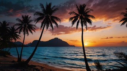 Bask in island bliss on a pristine white beach, enveloped by verdant palm trees.