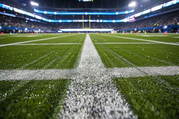 A view of an American football arena showcasing a green grass field, with blurred fans in the background, creating a lively atmosphere. The scene captures the energy of the stadium during a game.