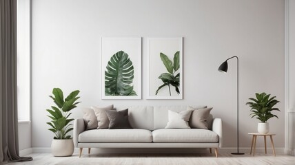 A modern living room with a minimalist design, featuring a neutral-toned sofa, green plant artwork, and indoor potted plants. A cozy and stylish space with a natural touch.
