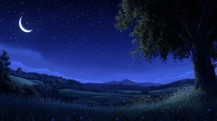 Fototapeta premium A serene night landscape with a crescent moon, stars, and a tree overlooking gentle hills.