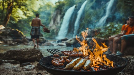Fototapeta premium Campfire Feast by a Waterfall.