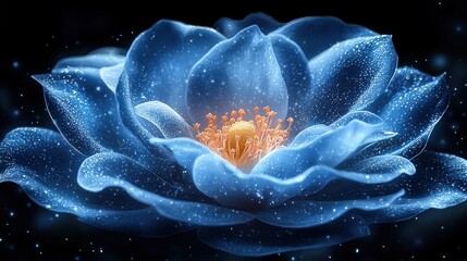 A beautiful blue lotus flower illuminated by soft light with drops of water glistening at night in a serene setting