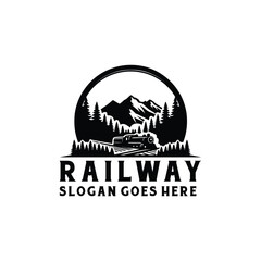 A Rustic Train Railroad with Mountain and Pine Tree Silhouette for Classic Historical of Logging Forest Railway Landscape logo design