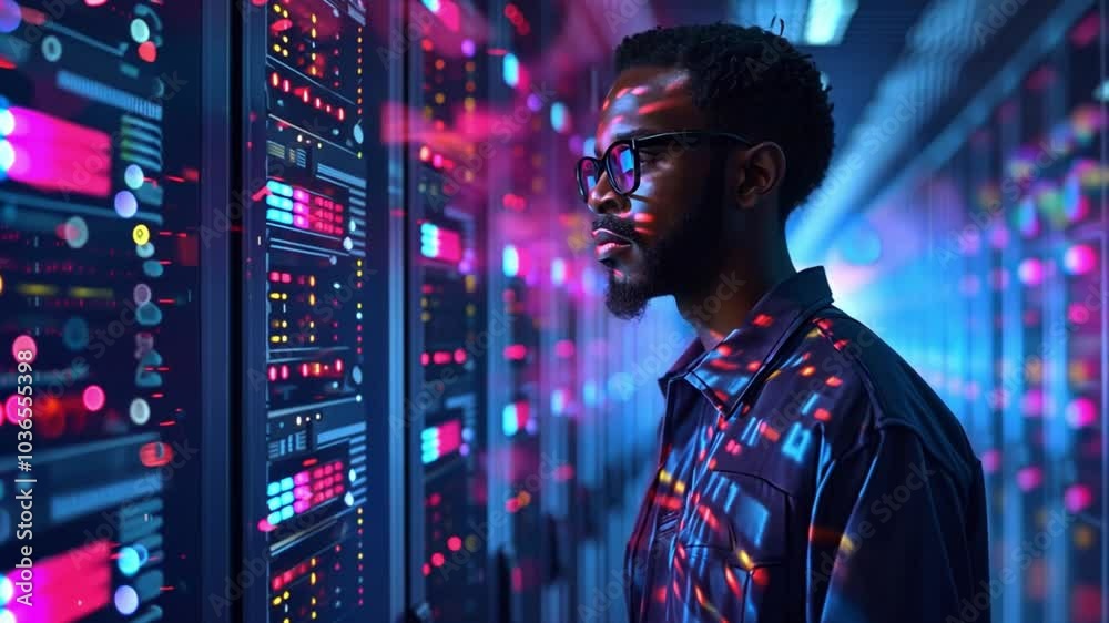 Aufkleber In a dimly lit data center, a technician examines server racks, illuminated by colorful lights, focused on maintaining systems and analyzing data for security.