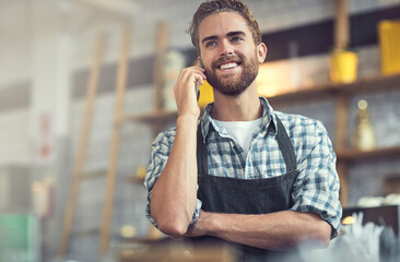Happy man, waiter or discussion with phone call at cafe for small business, reservation or...
