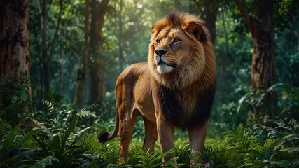 Majestic lion vector illustration in a verdant jungle embrace