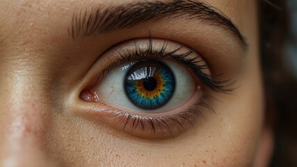 Fototapeta premium Mesmerizing macro capture of an eye pierced with intricate eyebrow jewelry, revealed through a drone's lens.