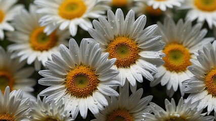 Fototapeta premium Pristine white daisies adorned with vibrant yellow hearts, captured in breathtaking clarity.