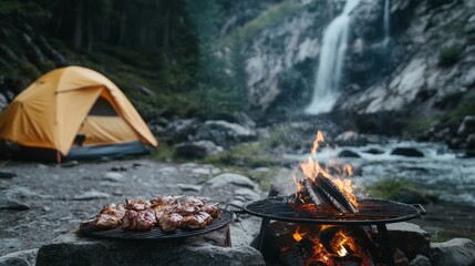 Camping by the waterfall with a campfire.