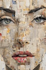 A close up portrait of a woman's face, created by a collage of old newspaper clippings.
