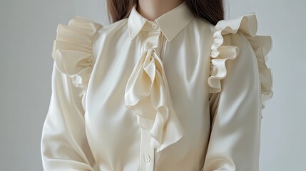 Closeup of a white satin blouse with ruffled sleeves and a bow tie