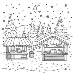 Obraz premium A Christmas market with festive booths, coloring page for kids, simple outline illustration. Coloring book, simple lines.