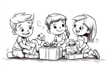 Children joyfully unwrapping birthday presents together in a bright living room setting