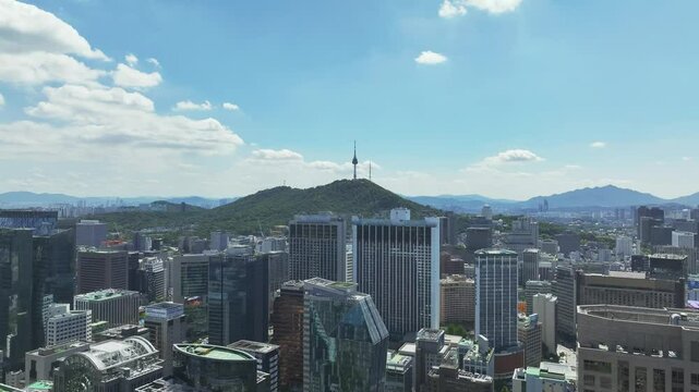 Drone View of Seoul city in South Korea, Jongno, Gwanghwamun Square, Summer 60fps