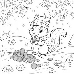 Fototapeta premium A cute squirrel gathering nuts for winter, coloring page for kids, simple outline illustration. Coloring book, simple lines.