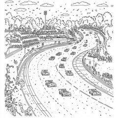 Obraz premium A day at the race track with cars and fans, coloring page for kids, simple outline illustration. Coloring book, simple lines.