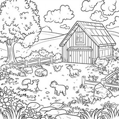 Obraz premium A farm with animals and a barn, coloring page for kids, simple outline illustration. Coloring book, simple lines.