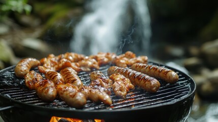 Grilled Sausages and Chicken on Barbecue Grill.
