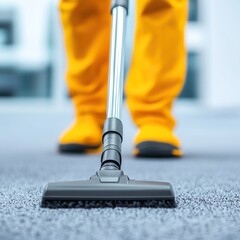 A professional cleaner in yellow overalls using a vacuum cleaner on carpet, ensuring a spotless environment.