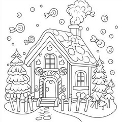 Fototapeta premium A gingerbread house with candy decorations, coloring page for kids, simple outline illustration. Coloring book, simple lines.