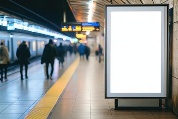 Commuters walking through a subway station near an empty advertising display board at dusk