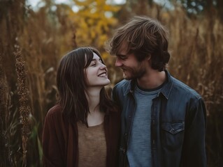 Fototapeta premium A man and a woman standing next to each other in a field