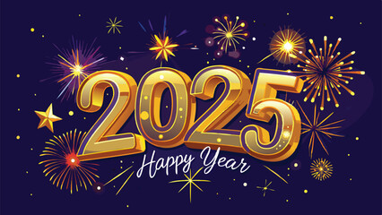 Happy New Year 2025 in Glowing Golden Cursive with Fireworks and Festive Decorations Vector