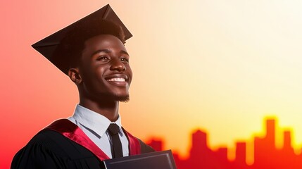 Happy graduate with diploma at sunset