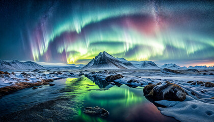 Majestic Northern Lights Over Snowy Mountain Landscape