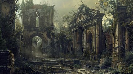Fototapeta premium Overgrown Ruins: A Glimpse into a Forgotten Past