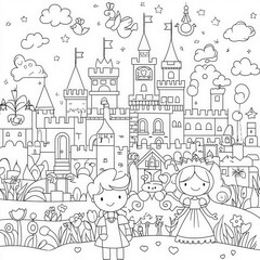 Obraz premium A magical kingdom with a cheeky prince and princess, coloring page for kids, simple outline illustration. Coloring book, simple lines.