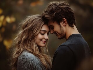 Naklejka premium A man and a woman standing next to each other in a forest