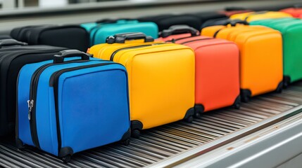 Fototapeta premium Colorful suitcases lined up on a conveyor belt at an airport, ready for travel and adventure.