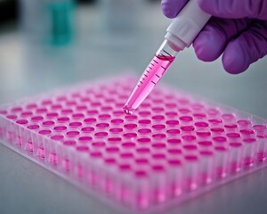 Pipetting pink liquid into a multi-well plate in a laboratory setting.