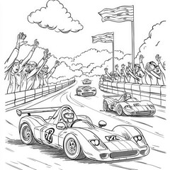Fototapeta premium A race track with cars and cheering fans, coloring page for kids, simple outline illustration. Coloring book, simple lines.