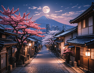 anime wallpaper featuring Tokyo and Japanese streets during cherry blossom season, blending eco-friendly city views, beautiful backgrounds, and village architecture, with light-filled skies