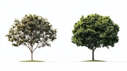 Two lush green trees on isolated white background concept of nature and growth