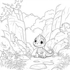 An adventure in a dinosaur park, coloring page for kids, simple outline illustration. Coloring book, simple lines.