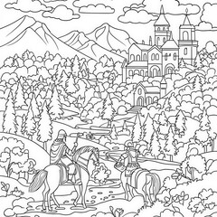 Fototapeta premium An adventure in a fantasy land with knights, coloring page for kids, simple outline illustration. Coloring book, simple lines.