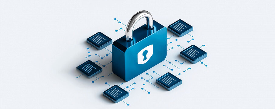 visual representation of privacy, featuring blue padlock surrounded by digital elements, symbolizes security and encryption. This conveys importance of protecting personal information in digital