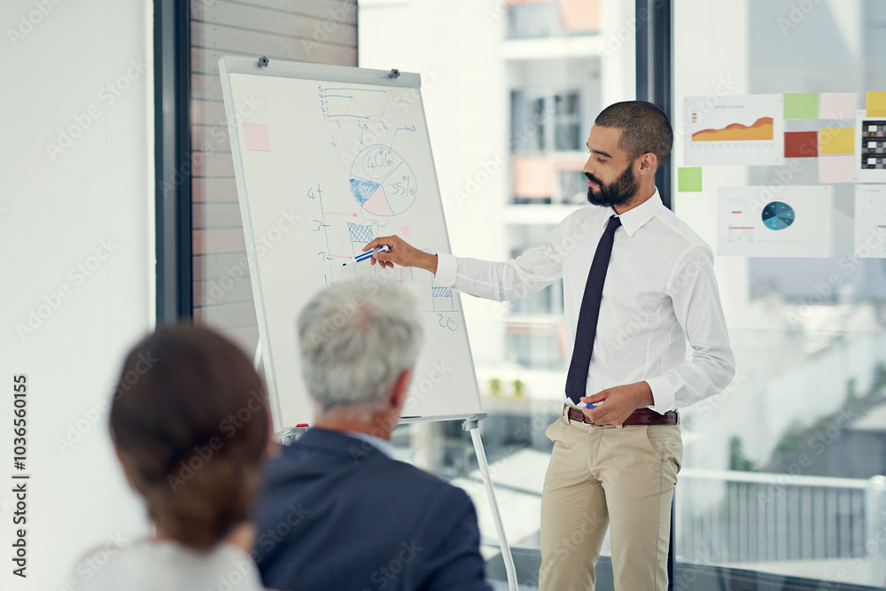 Canvas Prints Presentation, meeting and businessman at whiteboard in office for finance budget plan. Discussion, brainstorming and financial advisor with KPI review with team for revenue, dividend or profit goals.