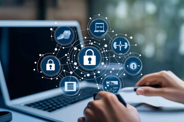 Digital security privacy encryption technology data protection cybersecurity computer network online safety information security padlock secure connection digital communication user interface laptop