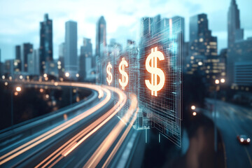 Fototapeta premium Digital cityscape with glowing dollar signs, symbolizing financial growth and urban development. vibrant scene captures essence of modern finance and technology