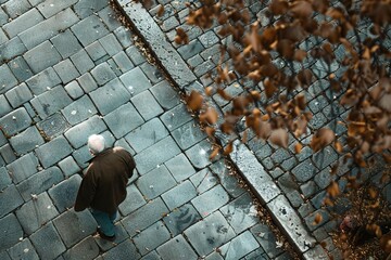 Aerial view of an elderly man walking on a street