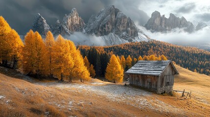 A small wooden cabin nestled in a valley surrounded by golden trees and snow capped mountains under a cloudy sky.