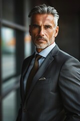 Fototapeta premium Confident Mature Businessman in Stylish Suit Standing by Office Window with Serious Expression..