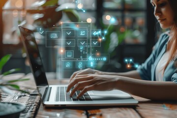 Businesswoman Using Laptop for Digital Document Management and Checklist Completion in Office