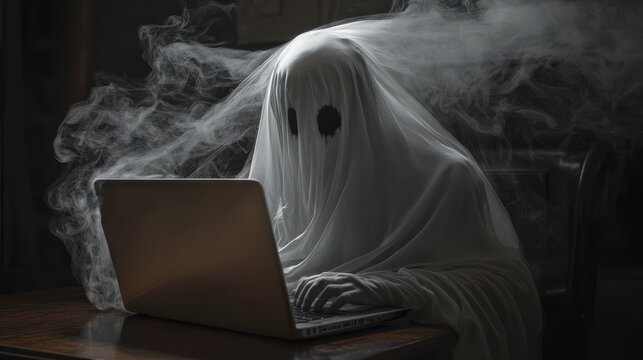 Spooky Halloween Ghost Work on Laptop